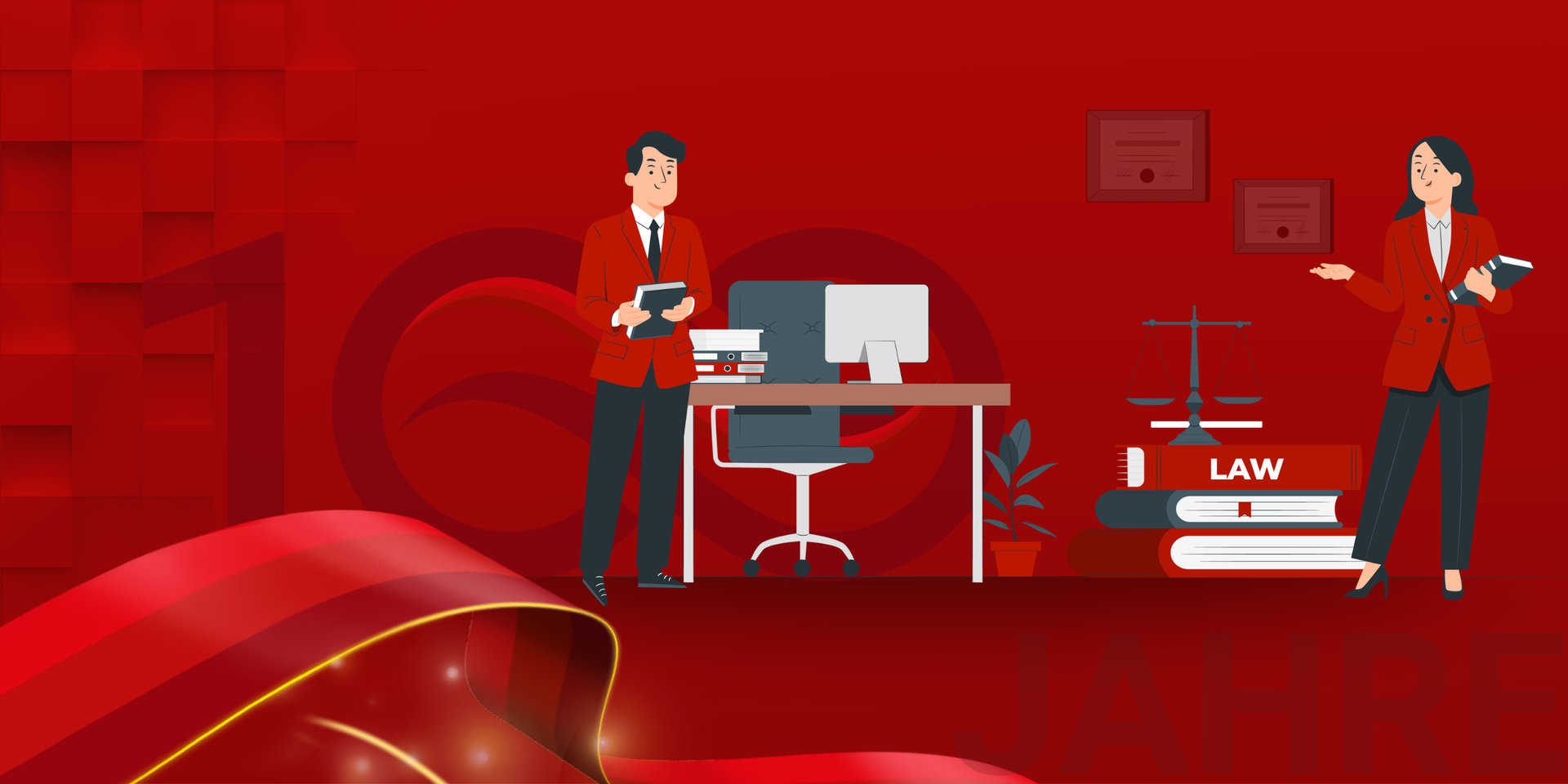 Zwei Personen in Anzügen vor einem Schreibtisch mit Büchern und einem Computer